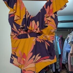 Gold and Pink Ruffled Cut Out Sleeveless Bodysuit